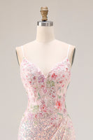 Laden Sie das Bild in den Galerie-Viewer, Glitzerndes Rosa Meerjungfrauen Perlenbesticktes Rückenloses Langes Ballkleid mit Schlitz