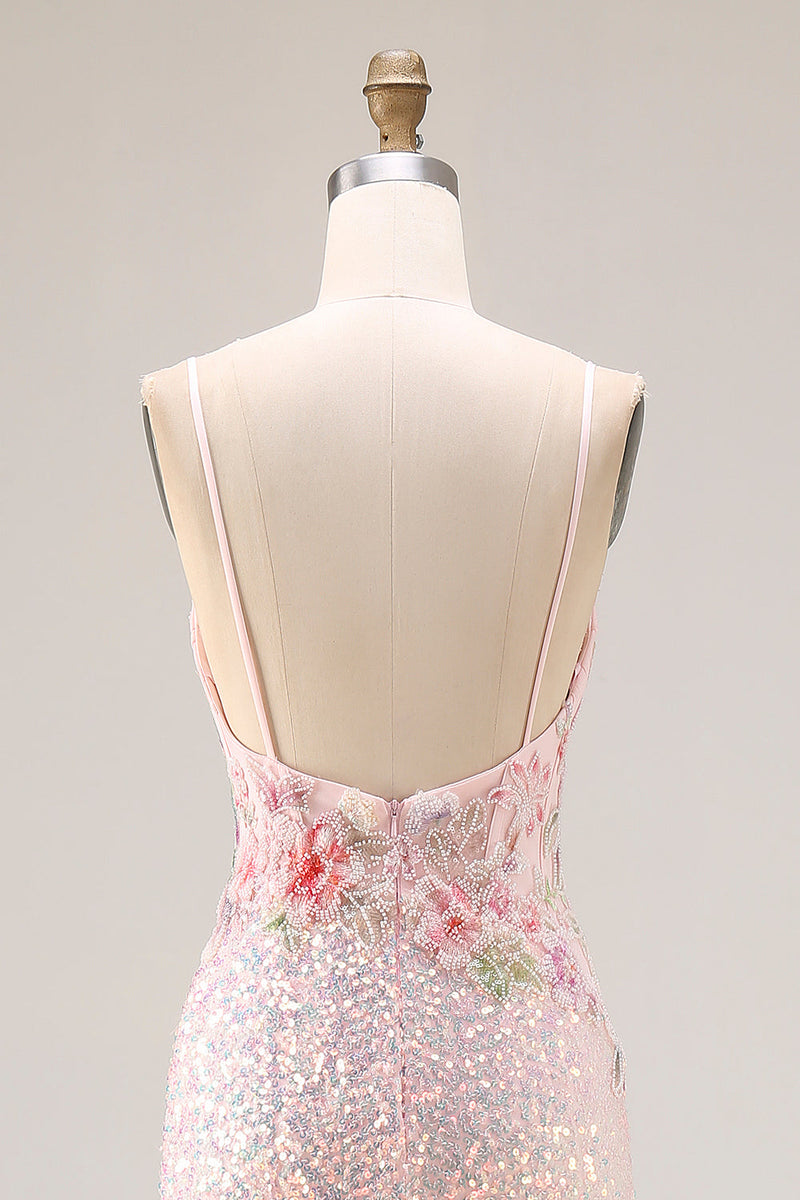 Laden Sie das Bild in den Galerie-Viewer, Glitzerndes Rosa Meerjungfrauen Perlenbesticktes Rückenloses Langes Ballkleid mit Schlitz