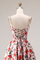 Laden Sie das Bild in den Galerie-Viewer, Rote Rosa Blume Spaghetti-Träger Basque-Taille A-Linie Langes Abschlussballkleid mit Schlitz