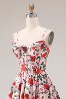 Laden Sie das Bild in den Galerie-Viewer, Rote Rosa Blume Spaghetti-Träger Basque-Taille A-Linie Langes Abschlussballkleid mit Schlitz