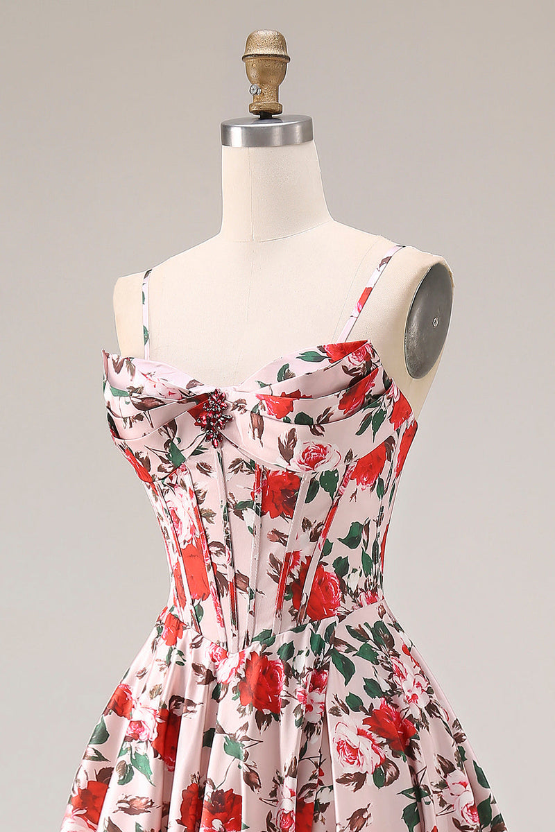 Laden Sie das Bild in den Galerie-Viewer, Rote Rosa Blume Spaghetti-Träger Basque-Taille A-Linie Langes Abschlussballkleid mit Schlitz
