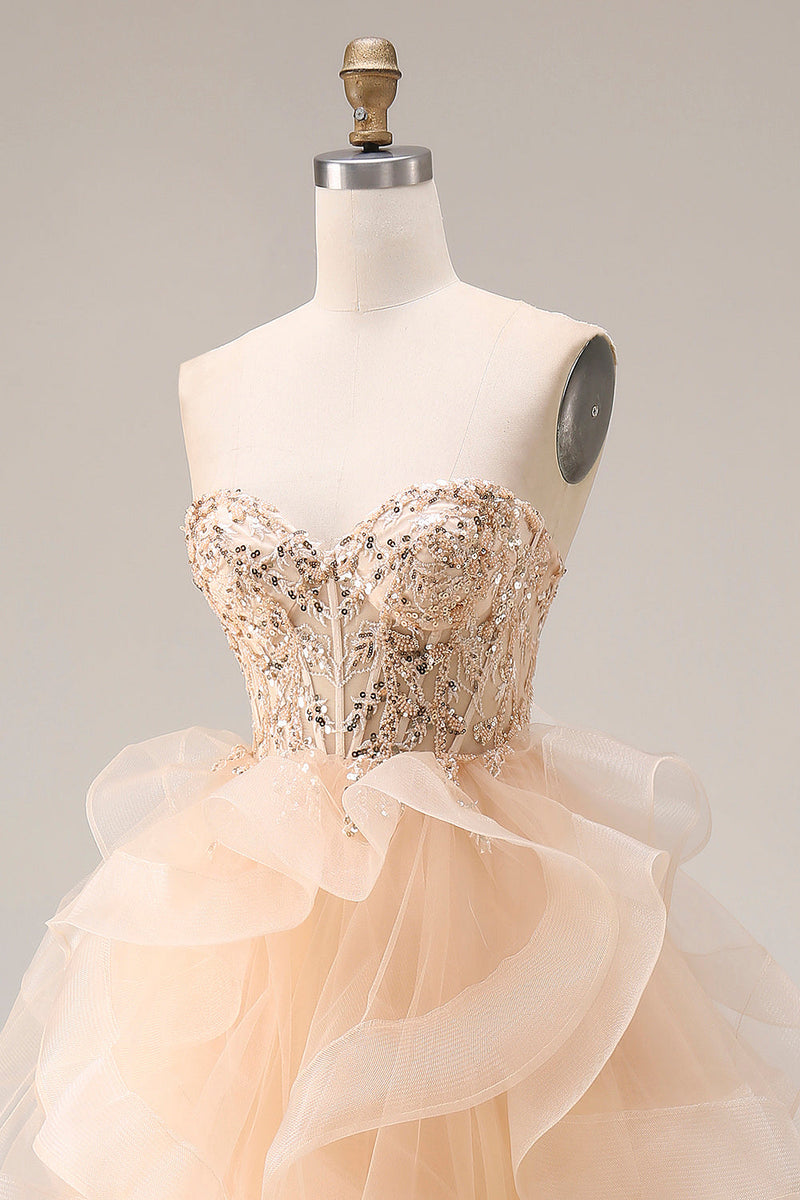 Laden Sie das Bild in den Galerie-Viewer, Champagner Trägerloses Organza A-Linie Langes Ballkleid mit Rüschen