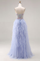 Laden Sie das Bild in den Galerie-Viewer, Helle Pflaume Applikiertes A-Linie Tüll Spaghettiträger Korsett Langes Abschlussballkleid mit Rüschen