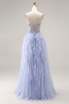 Helle Pflaume Applikiertes A-Linie Tüll Spaghettiträger Korsett Langes Abschlussballkleid mit Rüschen