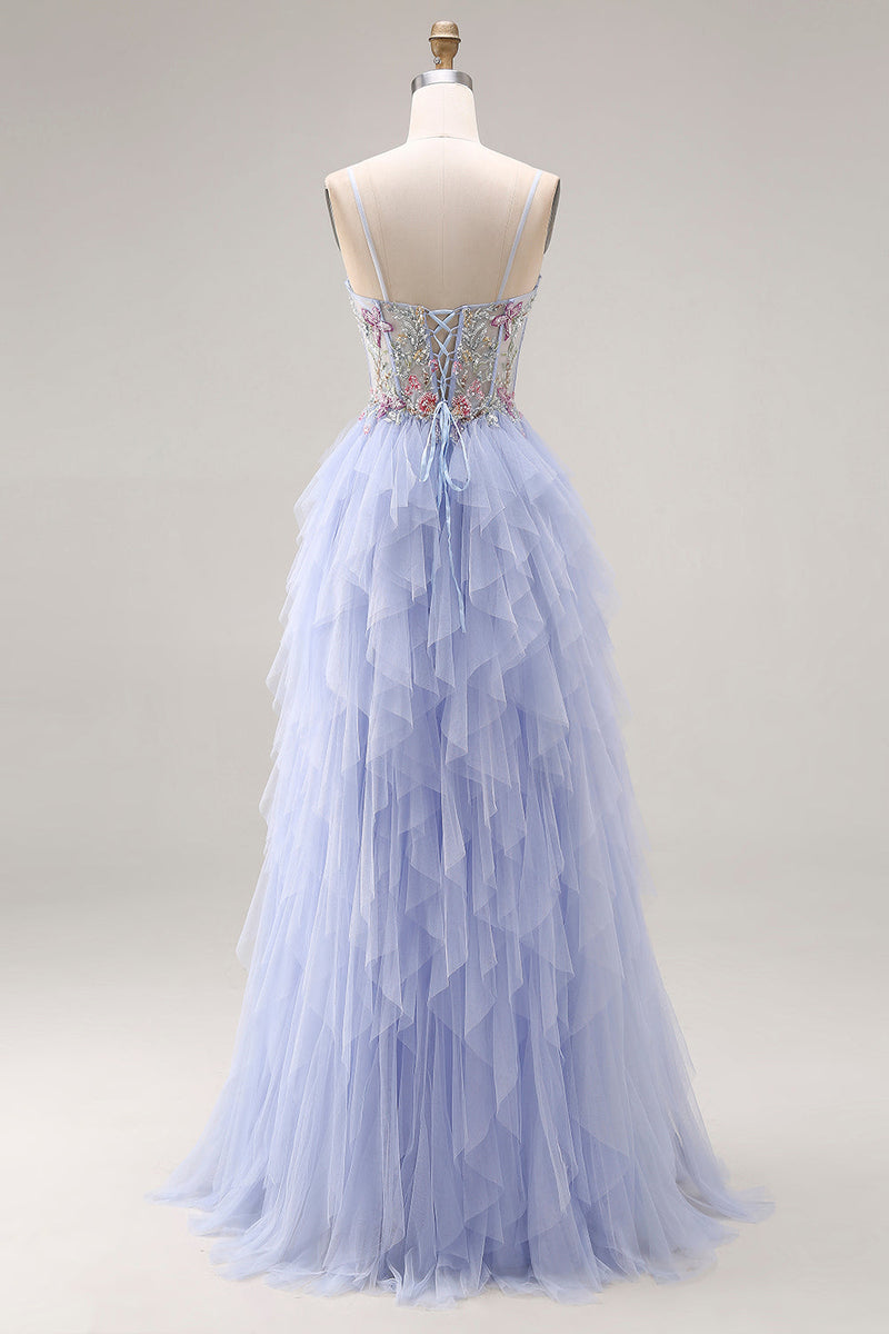 Laden Sie das Bild in den Galerie-Viewer, Helle Pflaume Applikiertes A-Linie Tüll Spaghettiträger Korsett Langes Abschlussballkleid mit Rüschen