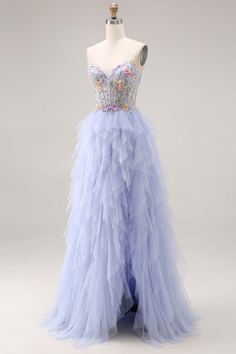 Laden Sie das Bild in den Galerie-Viewer, Helle Pflaume Applikiertes A-Linie Tüll Spaghettiträger Korsett Langes Abschlussballkleid mit Rüschen