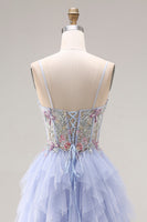 Laden Sie das Bild in den Galerie-Viewer, Helle Pflaume Applikiertes A-Linie Tüll Spaghettiträger Korsett Langes Abschlussballkleid mit Rüschen