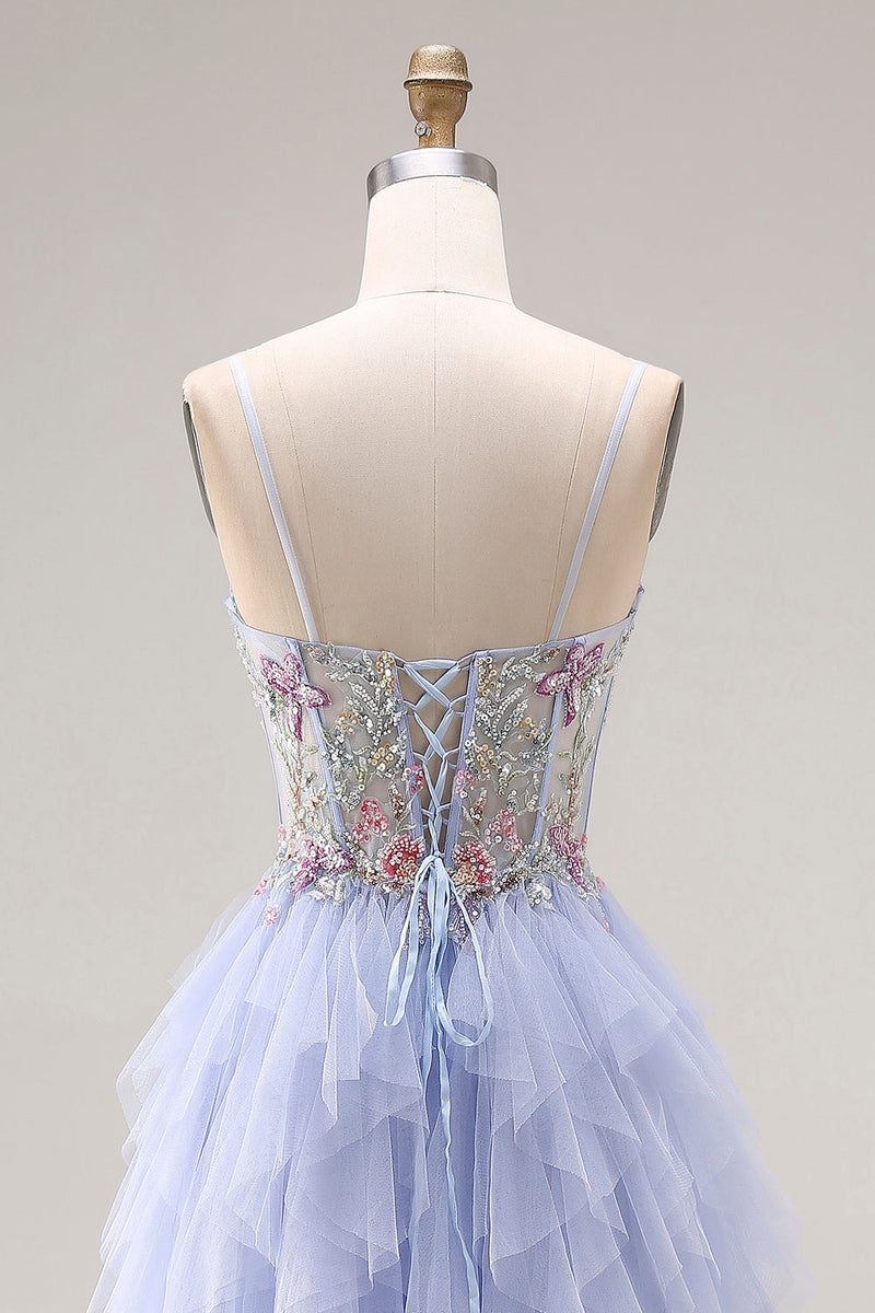 Laden Sie das Bild in den Galerie-Viewer, Helle Pflaume Applikiertes A-Linie Tüll Spaghettiträger Korsett Langes Abschlussballkleid mit Rüschen