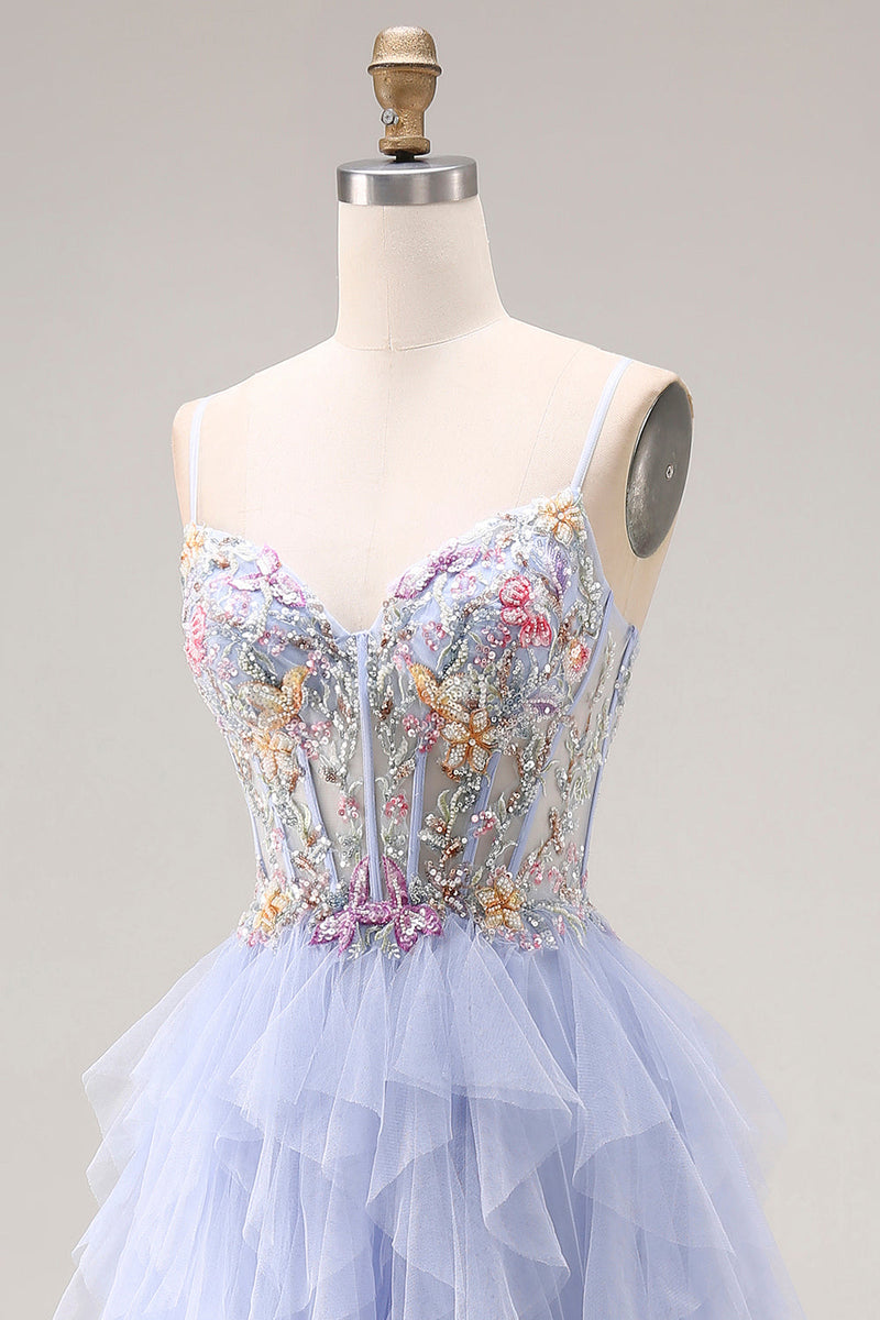 Laden Sie das Bild in den Galerie-Viewer, Helle Pflaume Applikiertes A-Linie Tüll Spaghettiträger Korsett Langes Abschlussballkleid mit Rüschen