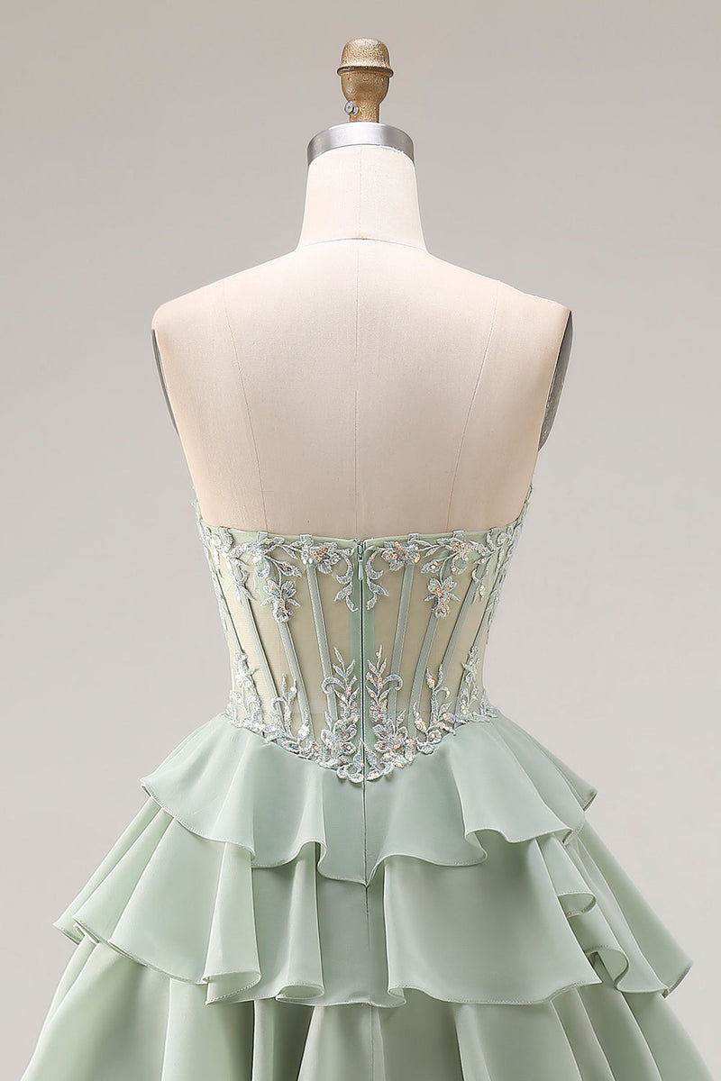 Laden Sie das Bild in den Galerie-Viewer, Staubiges Grünes A-Linie Rüschen Gestuftes Chiffon Korsett Langes Abschlussballkleid mit Schlitz