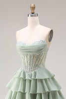 Laden Sie das Bild in den Galerie-Viewer, Staubiges Grünes A-Linie Rüschen Gestuftes Chiffon Korsett Langes Abschlussballkleid mit Schlitz