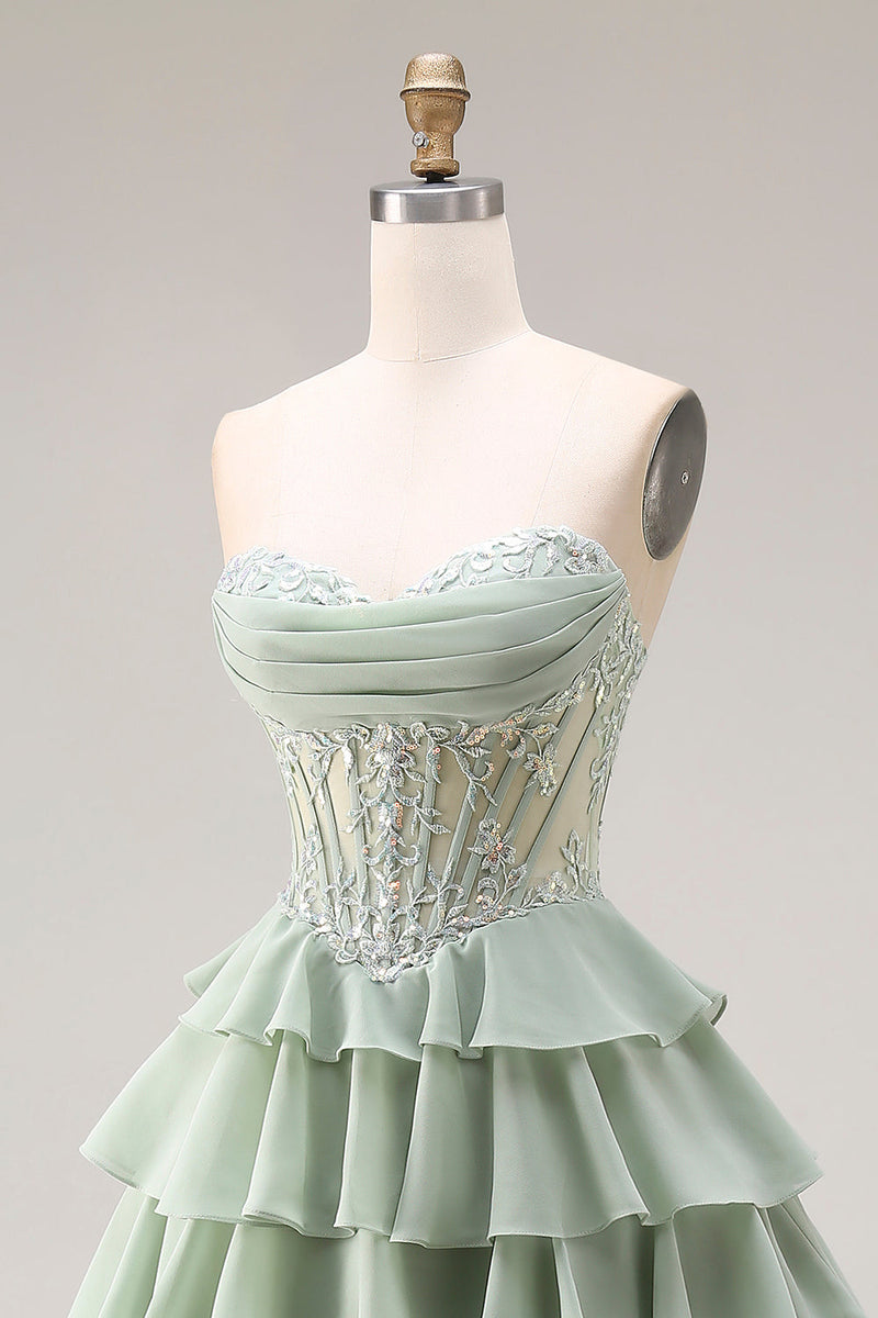 Laden Sie das Bild in den Galerie-Viewer, Staubiges Grünes A-Linie Rüschen Gestuftes Chiffon Korsett Langes Abschlussballkleid mit Schlitz