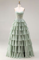 Laden Sie das Bild in den Galerie-Viewer, Staubiges Grünes A-Linie Rüschen Gestuftes Chiffon Korsett Langes Abschlussballkleid mit Schlitz