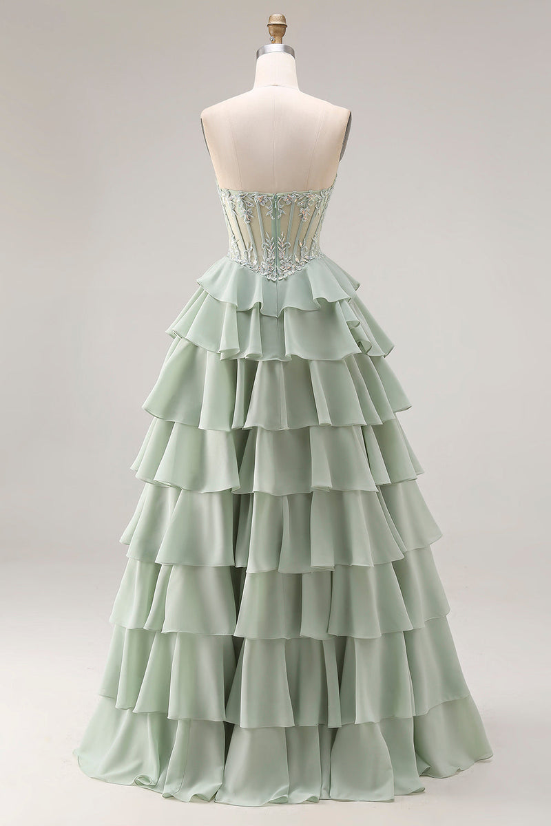 Laden Sie das Bild in den Galerie-Viewer, Staubiges Grünes A-Linie Rüschen Gestuftes Chiffon Korsett Langes Abschlussballkleid mit Schlitz