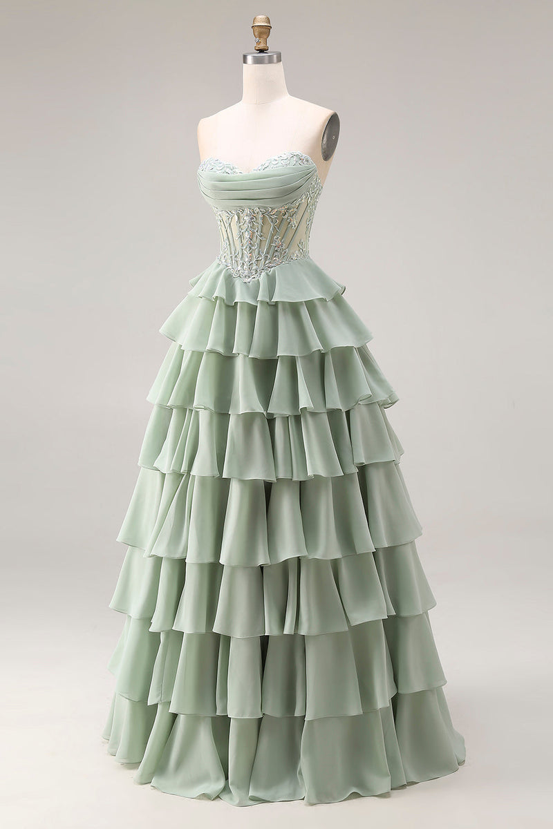 Laden Sie das Bild in den Galerie-Viewer, Staubiges Grünes A-Linie Rüschen Gestuftes Chiffon Korsett Langes Abschlussballkleid mit Schlitz