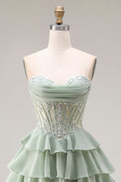 Laden Sie das Bild in den Galerie-Viewer, Staubiges Grünes A-Linie Rüschen Gestuftes Chiffon Korsett Langes Abschlussballkleid mit Schlitz