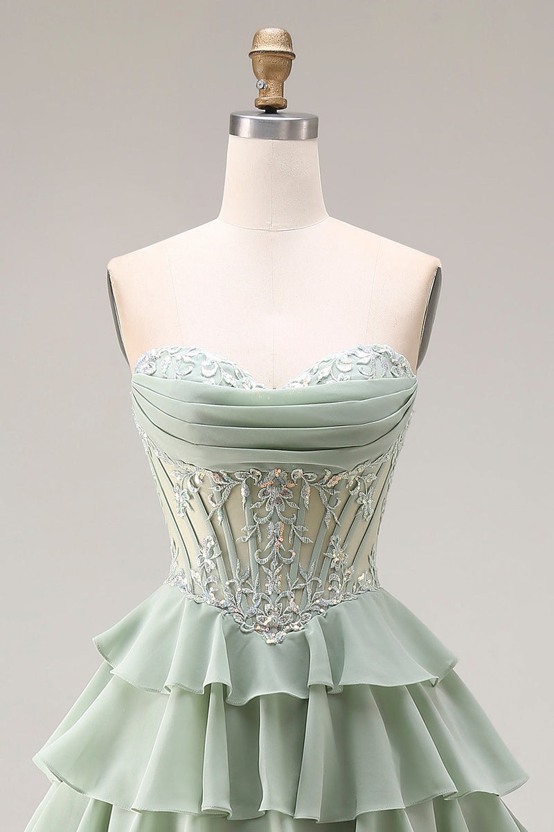 Laden Sie das Bild in den Galerie-Viewer, Staubiges Grünes A-Linie Rüschen Gestuftes Chiffon Korsett Langes Abschlussballkleid mit Schlitz