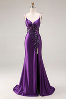 Laden Sie das Bild in den Galerie-Viewer, Lila Meerjungfrauen Spaghettiträger Langes Abschlussballkleid mit Schlitz