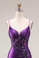 Laden Sie das Bild in den Galerie-Viewer, Lila Meerjungfrauen Spaghettiträger Langes Abschlussballkleid mit Schlitz