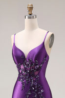 Laden Sie das Bild in den Galerie-Viewer, Lila Meerjungfrauen Spaghettiträger Langes Abschlussballkleid mit Schlitz