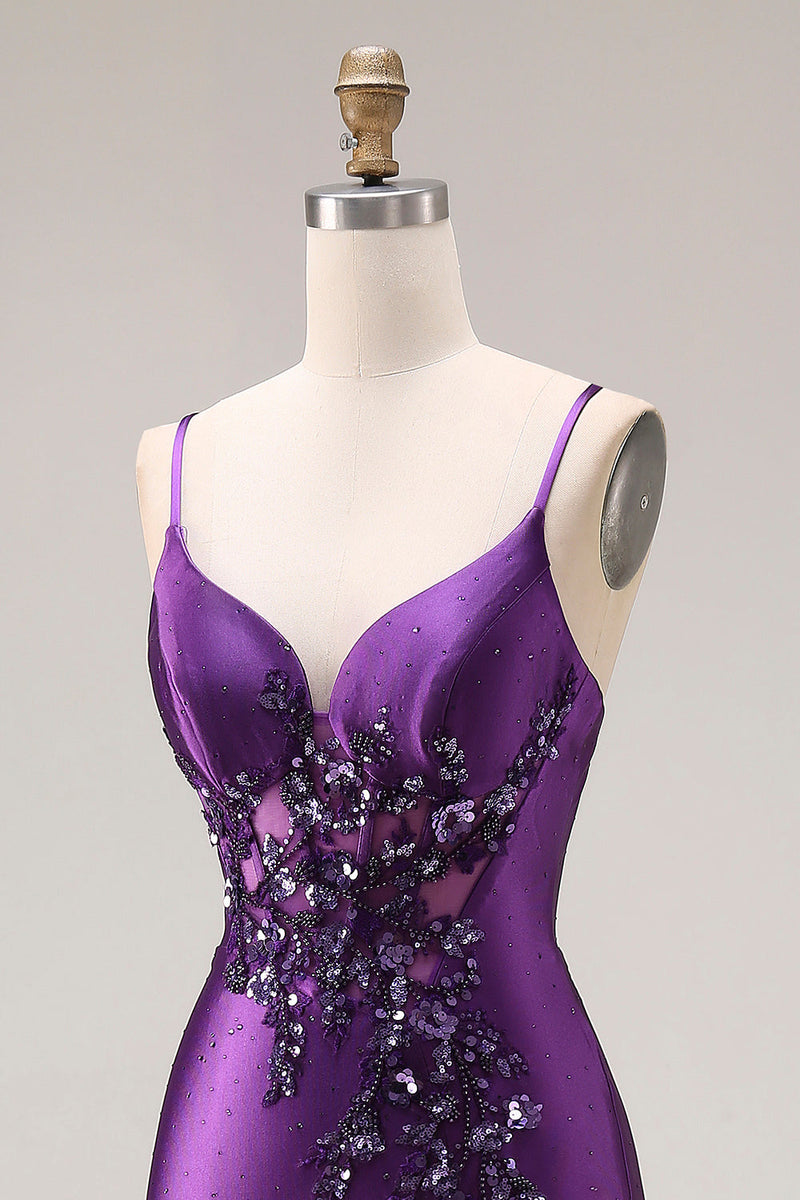 Laden Sie das Bild in den Galerie-Viewer, Lila Meerjungfrauen Spaghettiträger Langes Abschlussballkleid mit Schlitz