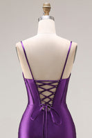 Laden Sie das Bild in den Galerie-Viewer, Lila Meerjungfrauen Spaghettiträger Langes Abschlussballkleid mit Schlitz