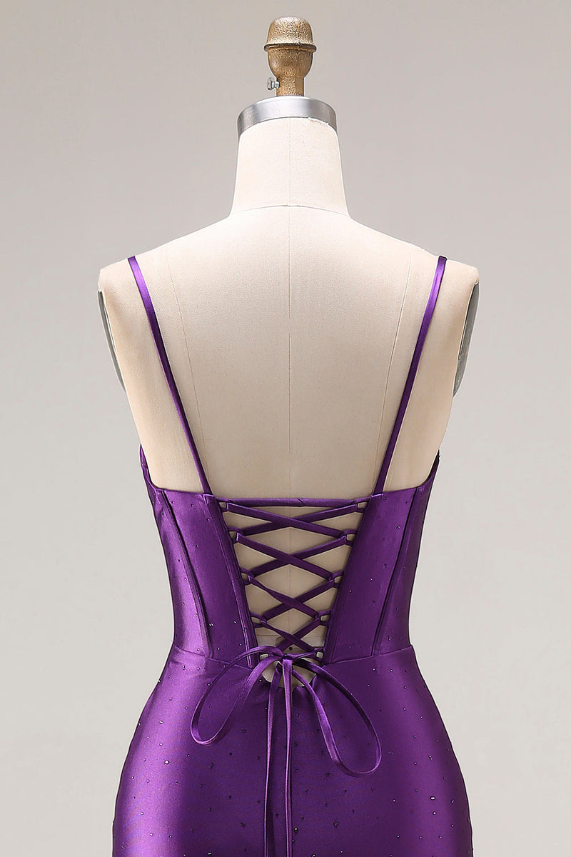 Laden Sie das Bild in den Galerie-Viewer, Lila Meerjungfrauen Spaghettiträger Langes Abschlussballkleid mit Schlitz