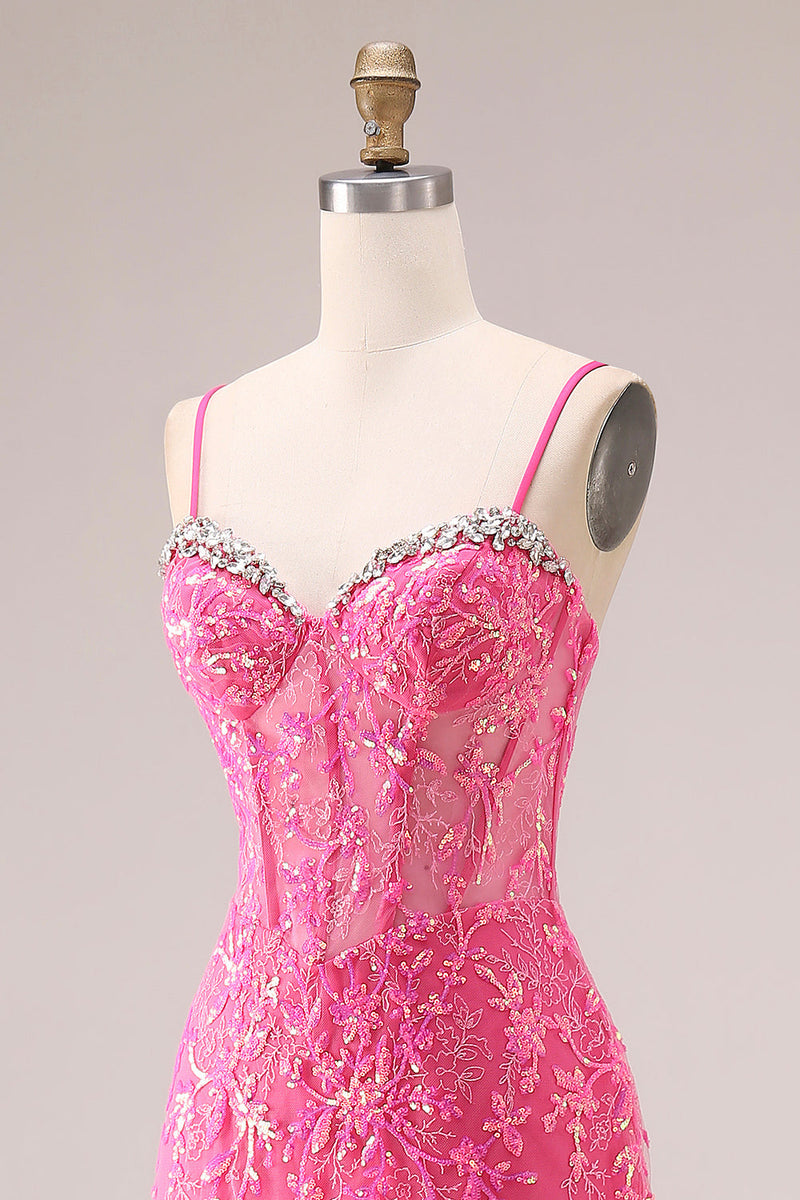 Laden Sie das Bild in den Galerie-Viewer, Fuchsia Organza Meerjungfrau Korsett Spaghettiträger Langes Abschlussballkleid mit Applikationen