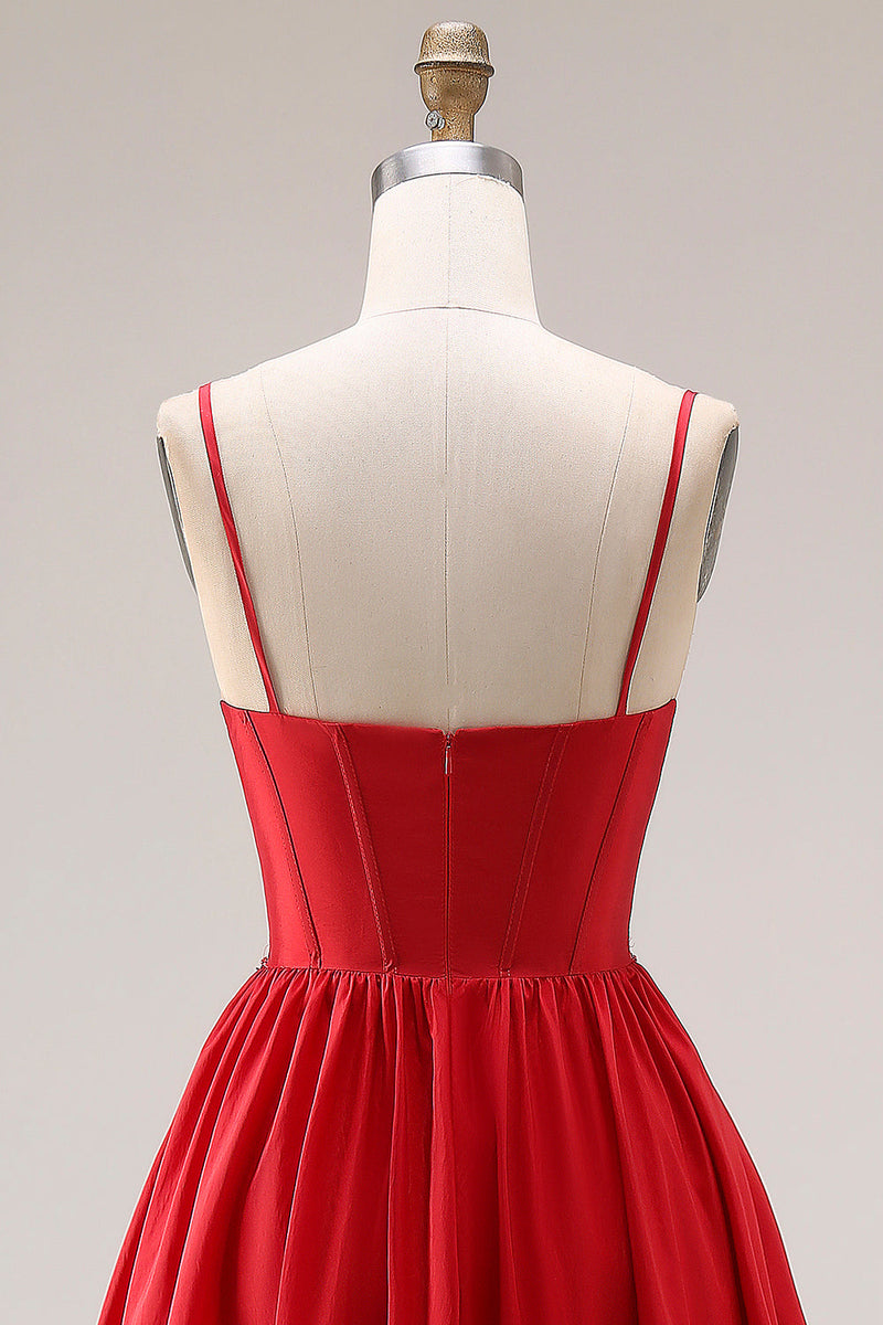 Laden Sie das Bild in den Galerie-Viewer, Rotes A-Linie Spaghetti-Träger Korsett Langes Abschlussballkleid mit Schlitz