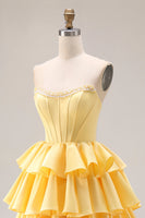 Laden Sie das Bild in den Galerie-Viewer, Gelbes Herzausschnitt A-Linie Gestuftes Korsett Rückenschnürung Abschlussballkleid mit Schlitz