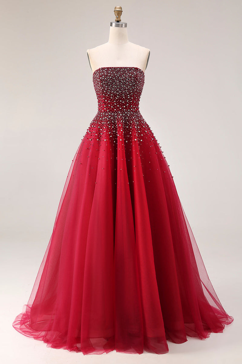 Laden Sie das Bild in den Galerie-Viewer, Rotes Trägerloses A-Linie Tüll Langes Ballkleid mit Strasssteinen