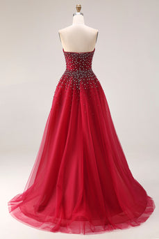 Rotes Trägerloses A-Linie Tüll Langes Ballkleid mit Strasssteinen