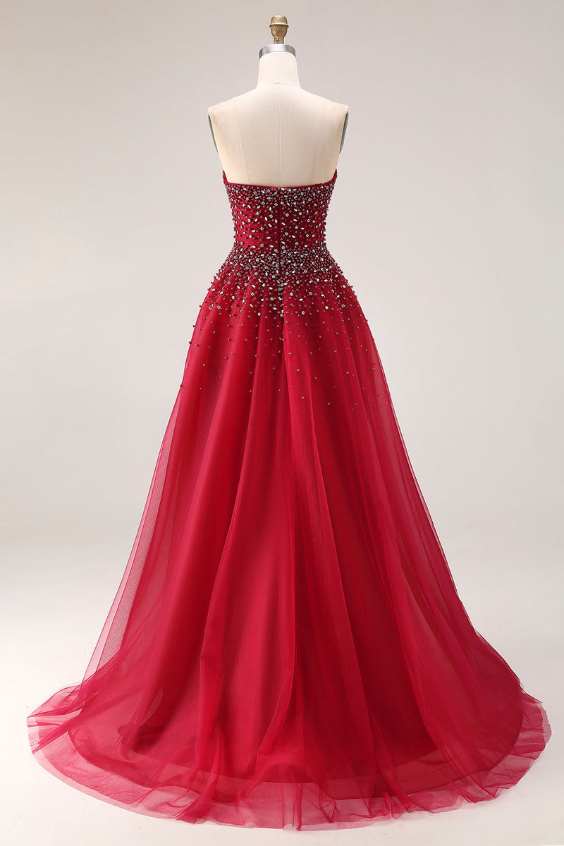 Laden Sie das Bild in den Galerie-Viewer, Rotes Trägerloses A-Linie Tüll Langes Ballkleid mit Strasssteinen
