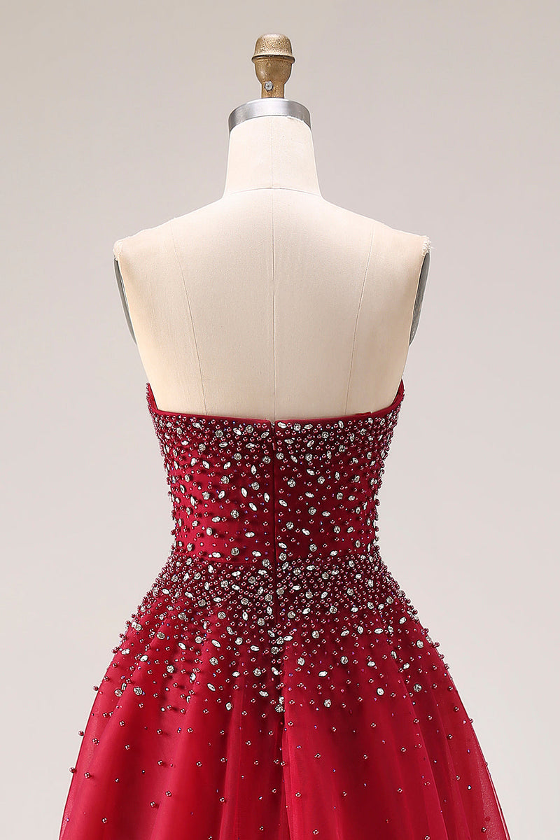 Laden Sie das Bild in den Galerie-Viewer, Rotes Trägerloses A-Linie Tüll Langes Ballkleid mit Strasssteinen