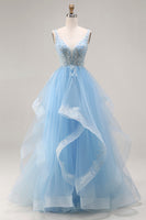 Laden Sie das Bild in den Galerie-Viewer, Himmelblaues Organza V-Ausschnitt Appliquiertes Langes Abschlussballkleid mit Rüschen