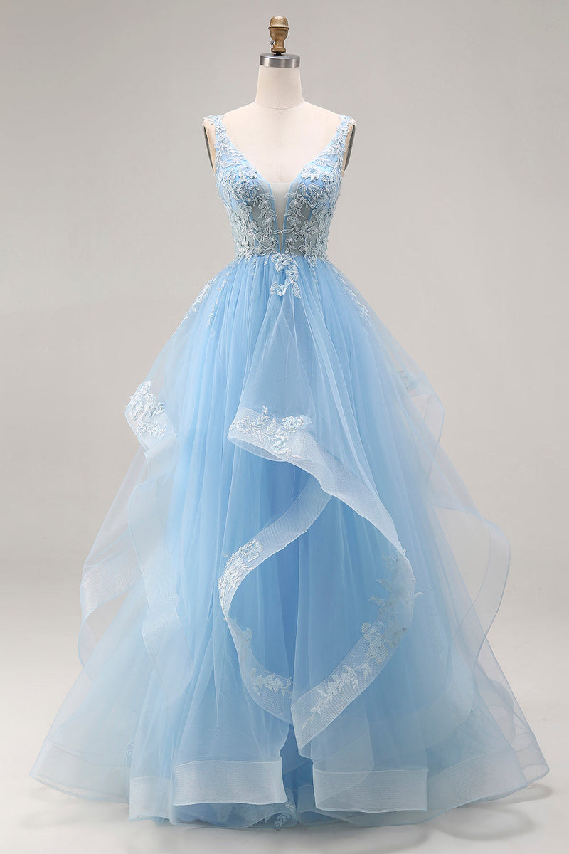 Laden Sie das Bild in den Galerie-Viewer, Himmelblaues Organza V-Ausschnitt Appliquiertes Langes Abschlussballkleid mit Rüschen