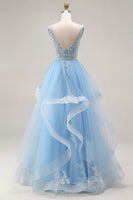 Laden Sie das Bild in den Galerie-Viewer, Himmelblaues Organza V-Ausschnitt Appliquiertes Langes Abschlussballkleid mit Rüschen