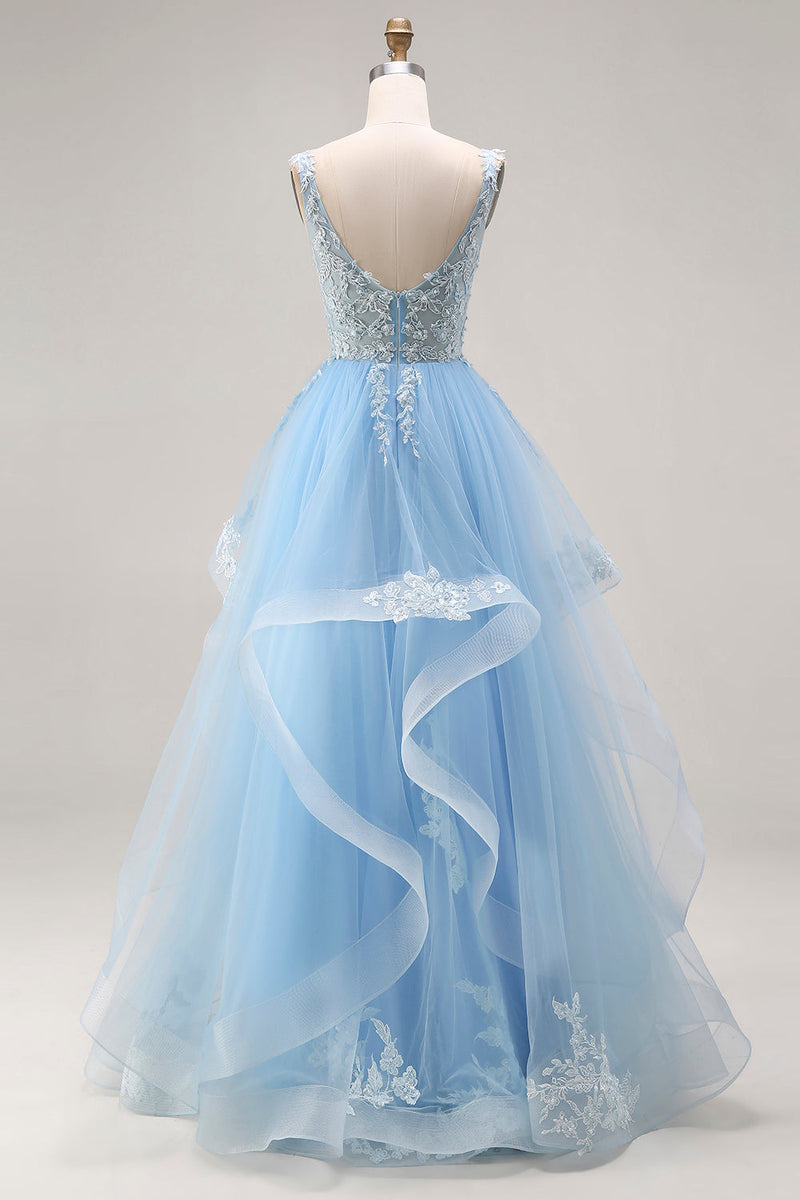Laden Sie das Bild in den Galerie-Viewer, Himmelblaues Organza V-Ausschnitt Appliquiertes Langes Abschlussballkleid mit Rüschen