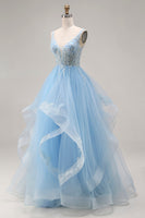 Laden Sie das Bild in den Galerie-Viewer, Himmelblaues Organza V-Ausschnitt Appliquiertes Langes Abschlussballkleid mit Rüschen