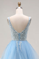 Laden Sie das Bild in den Galerie-Viewer, Himmelblaues Organza V-Ausschnitt Appliquiertes Langes Abschlussballkleid mit Rüschen