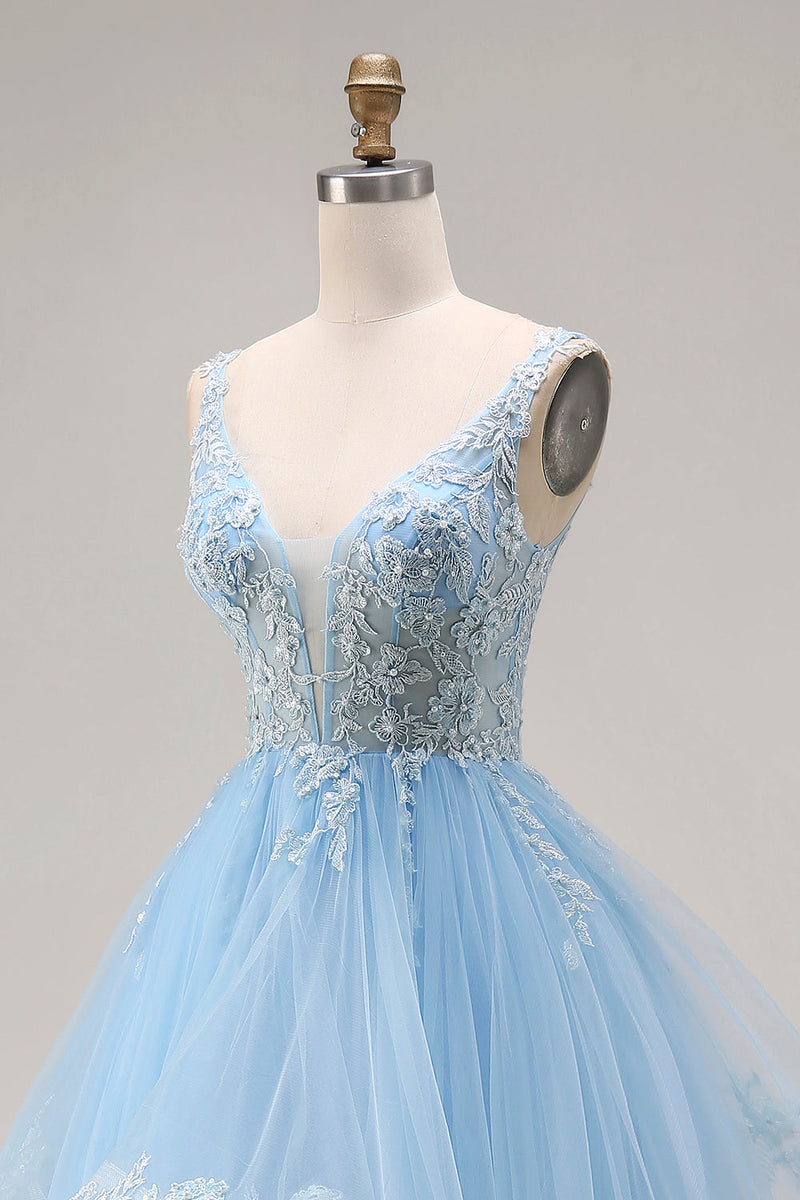Laden Sie das Bild in den Galerie-Viewer, Himmelblaues Organza V-Ausschnitt Appliquiertes Langes Abschlussballkleid mit Rüschen