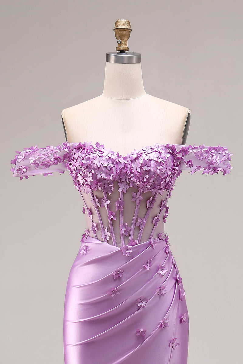 Laden Sie das Bild in den Galerie-Viewer, Lila Meerjungfrau Schulterloses Korsett Gerafftes Abschlussballkleid mit Schlitz