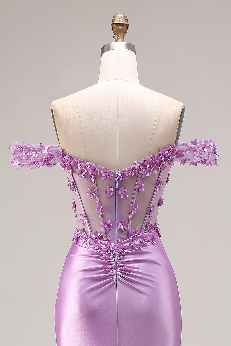 Laden Sie das Bild in den Galerie-Viewer, Lila Meerjungfrau Schulterloses Korsett Gerafftes Abschlussballkleid mit Schlitz