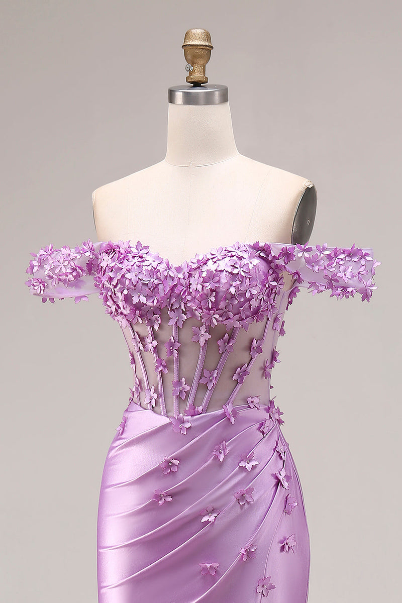 Laden Sie das Bild in den Galerie-Viewer, Lila Meerjungfrau Schulterloses Korsett Gerafftes Abschlussballkleid mit Schlitz