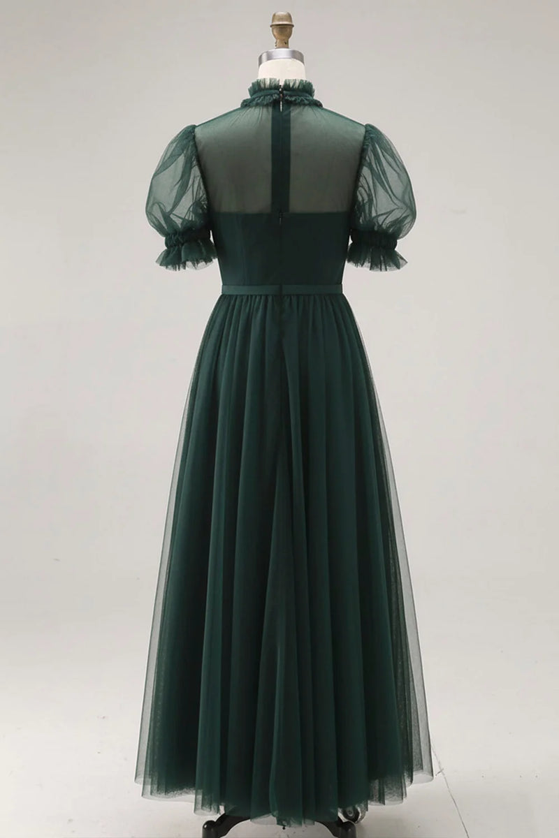 Laden Sie das Bild in den Galerie-Viewer, Dunkelgrünes A-Linie Hochhals Tüll Midi Kleid mit kurzen Ärmeln