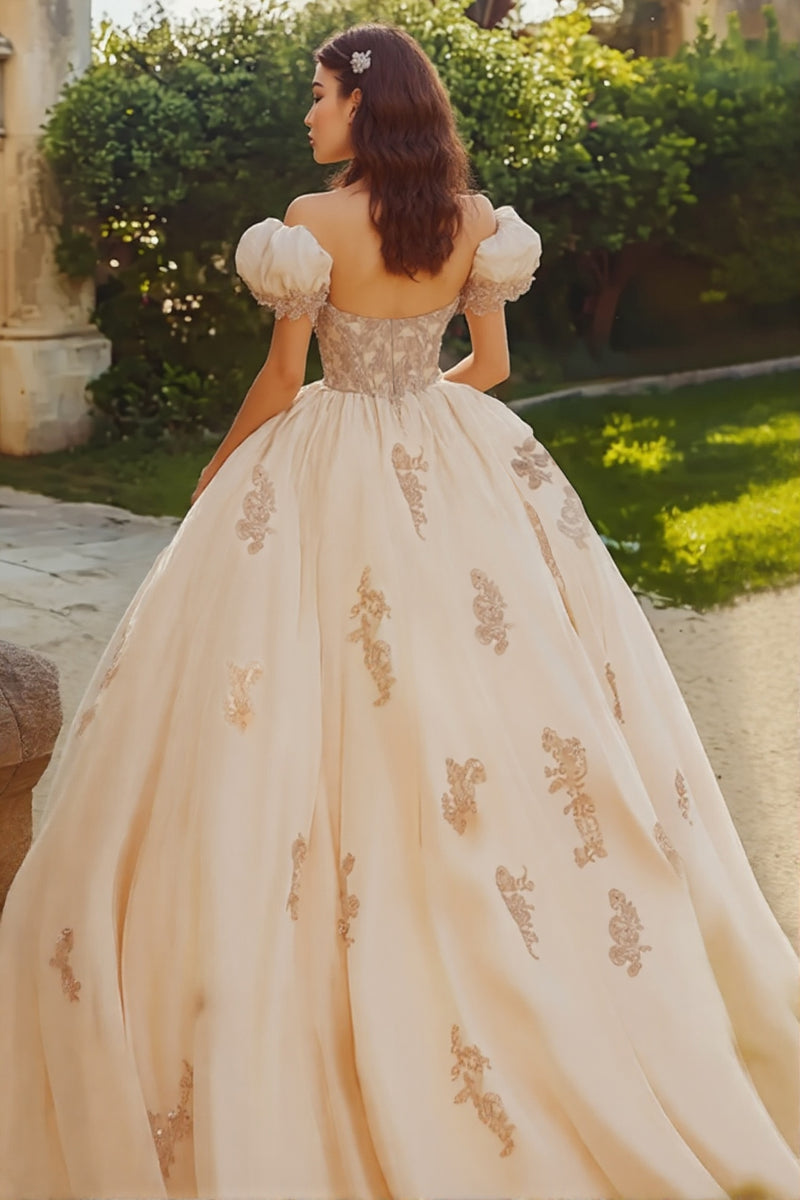 Laden Sie das Bild in den Galerie-Viewer, Prinzessin Blush Ballkleid Schulterfreies Quinceanera Kleid aus Tüll mit Applikationen