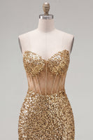 Laden Sie das Bild in den Galerie-Viewer, Glitzerndes goldenes Bodycon, Sweetheart, transparentes Korsett, Pailletten, Homecoming-Kleid