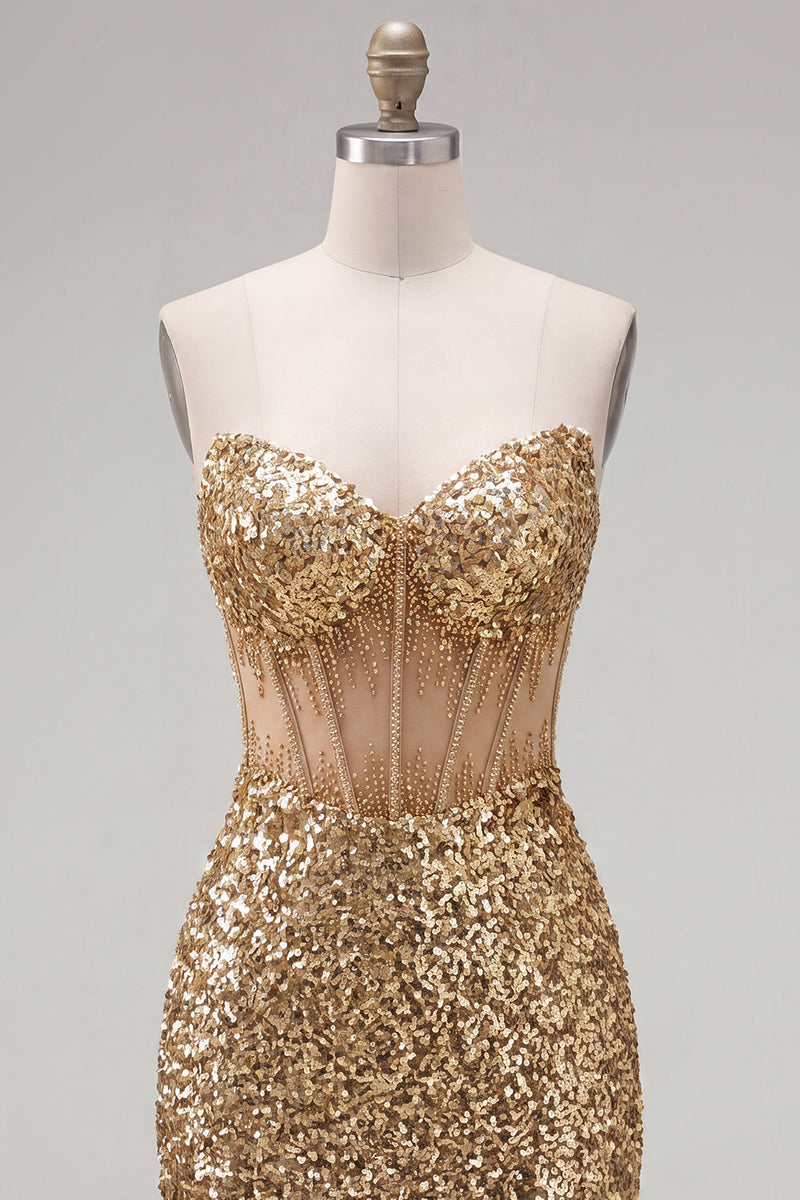Laden Sie das Bild in den Galerie-Viewer, Glitzerndes goldenes Bodycon, Sweetheart, transparentes Korsett, Pailletten, Homecoming-Kleid