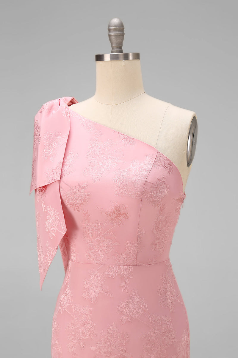 Laden Sie das Bild in den Galerie-Viewer, Rougerosa einschulterfarbenes Blumen-Meerjungfrauen-Langbrautjungfernkleid mit Schleife