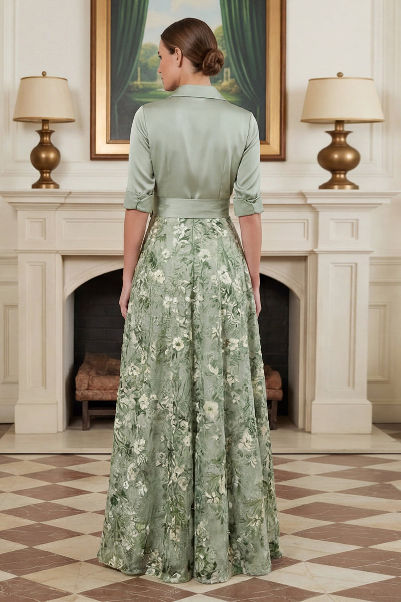 Laden Sie das Bild in den Galerie-Viewer, Bedrucktes Salbeigrünes A-Linie Mutter der Braut Kleid mit Schleife